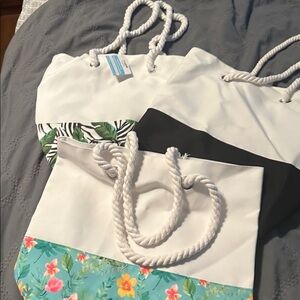Floral and Leaf Print Tote Bags with Rope Handles set of 3